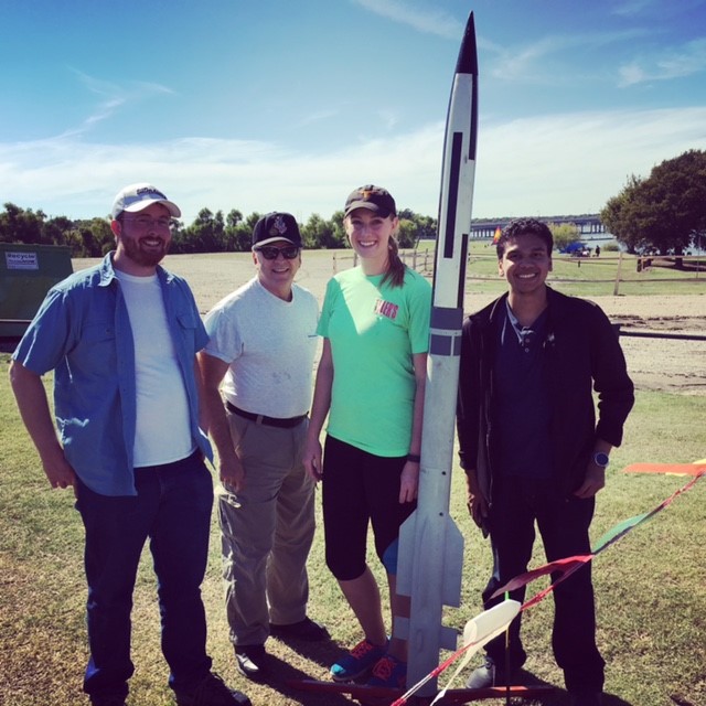 Members of UNT Team Rocket and their mentor (left to right): Joel Thompson, George Sprague, Karen Lyndsey Smith and Luis Gonzalez.  